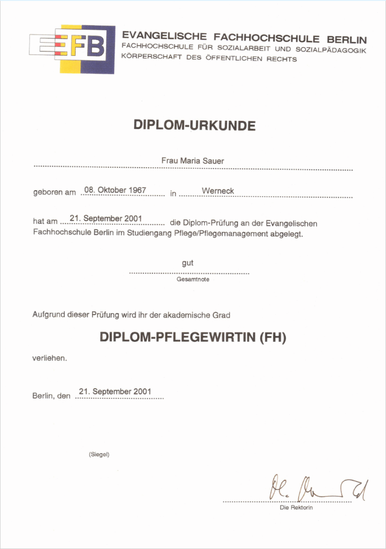 Diplom Pflegewirtin (FH) Urkunde von Maria Schulz – Evangelische Fachhochschule Berlin