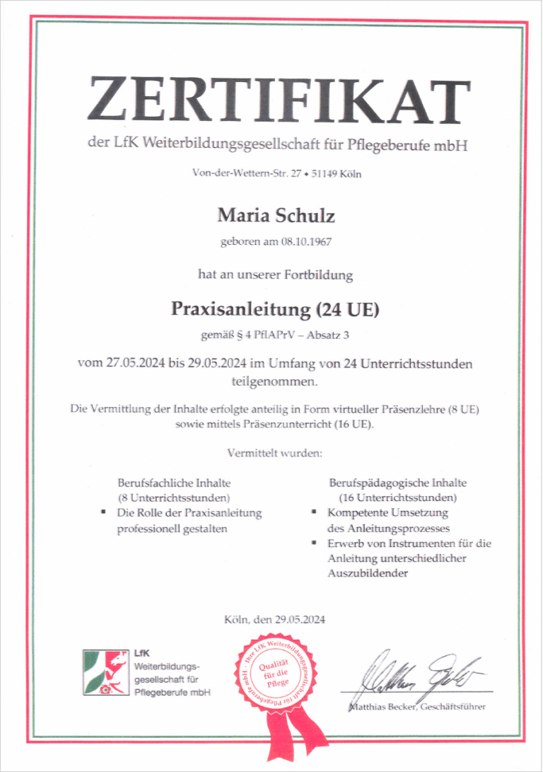 Zertifikat Praxisanleitung Pflege Maria Schulz – Weiterbildung Pflegeberufe LfK Köln
